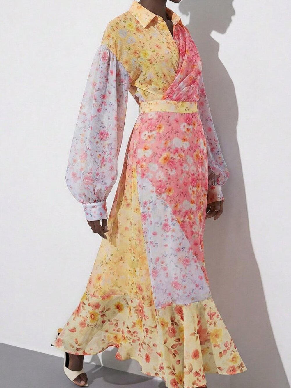 Multicolor Boho Women's Chiffon Gradient Floral Print Long Sleeve Dress